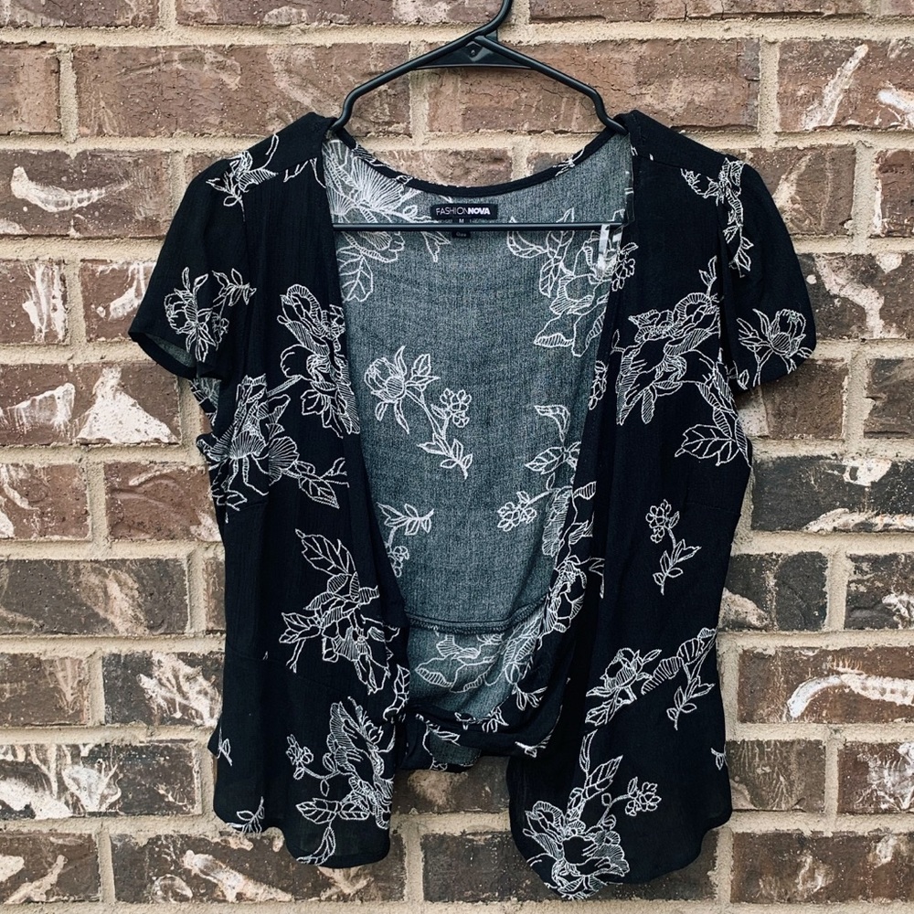 Black Floral Front Tie Blouse